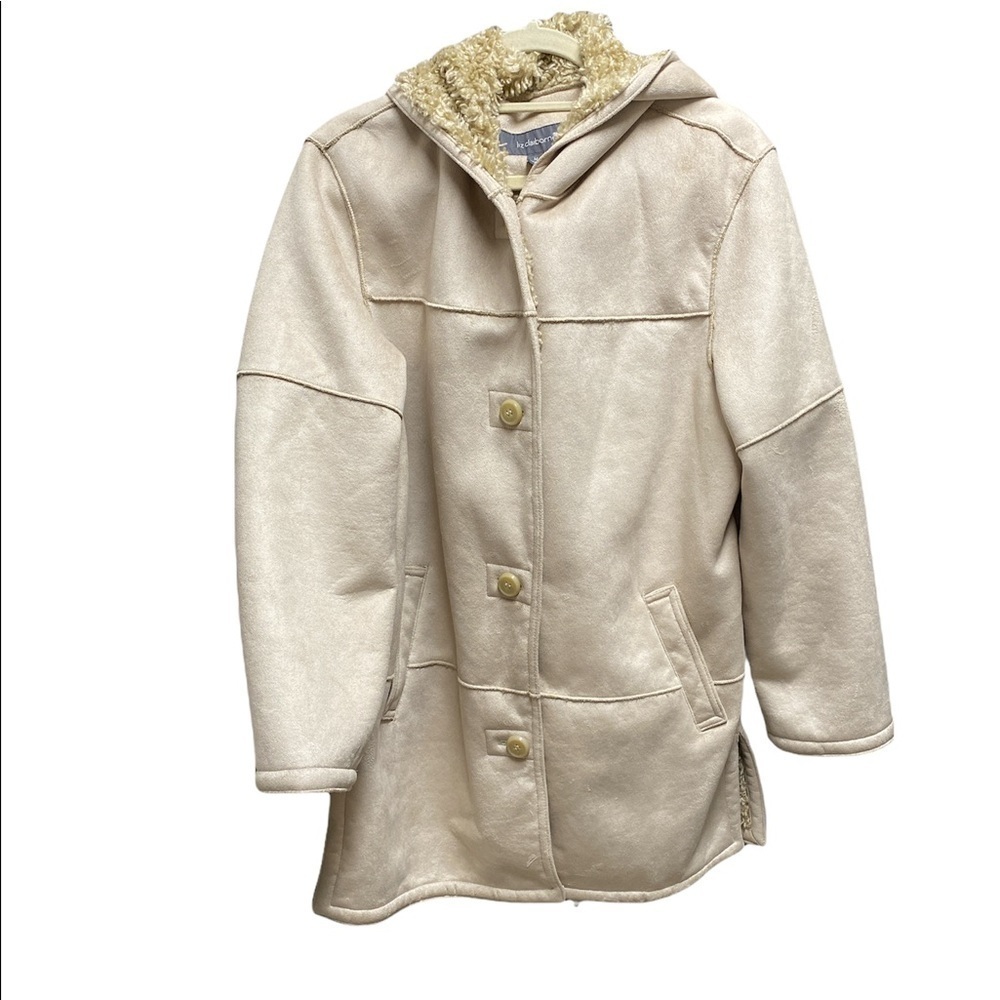 Liz Claiborne coat lined hooded button up front creamy tan color size medium